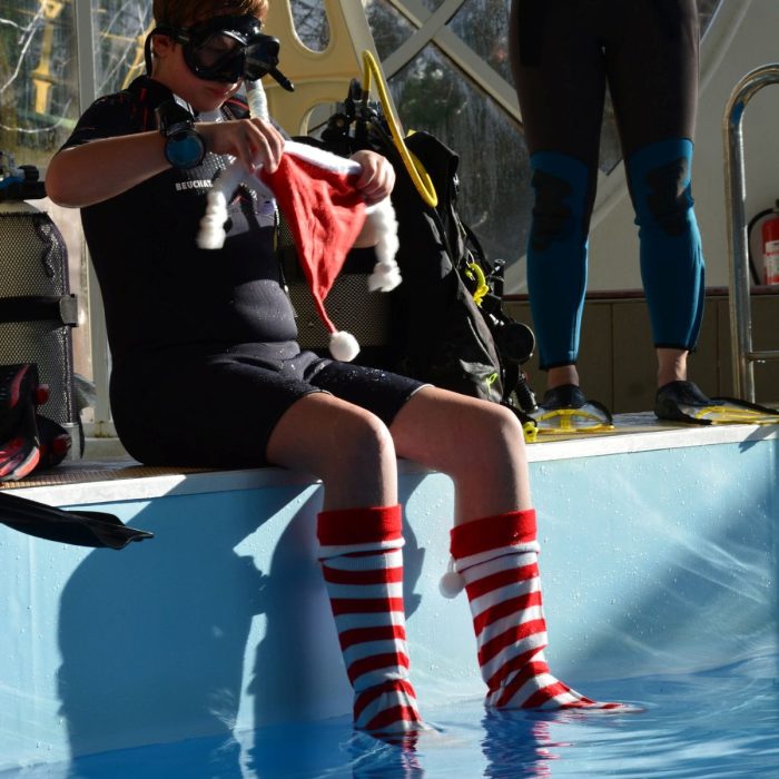 Baiat echipat pentru scufundari, purtand sosete in dungi rosii si albe si pregatind o caciula de Mos Craciun pe marginea piscinei.