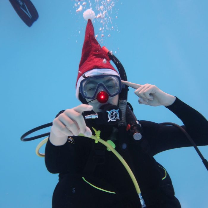 Scafandru costum de Craciun, cu nas de Rudolf si fes, intr-o piscina, aratand si indicand spre camera