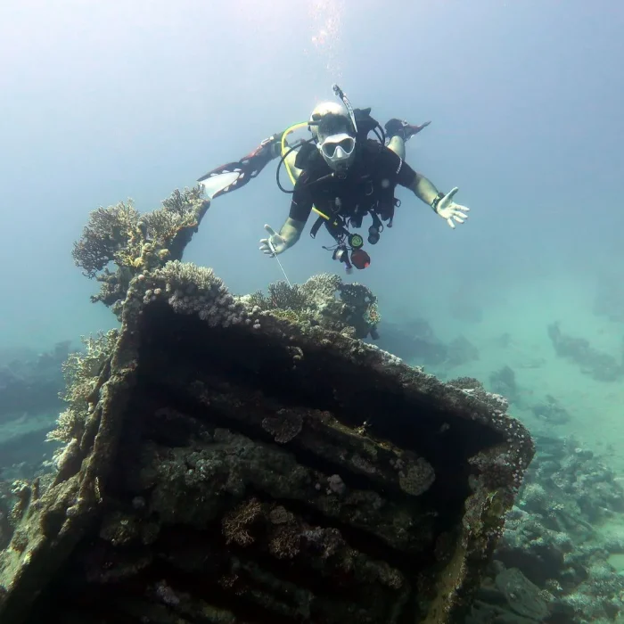 Scafandru Deep Zone Diving explorând o epava acoperită de corali în Marea Roșie