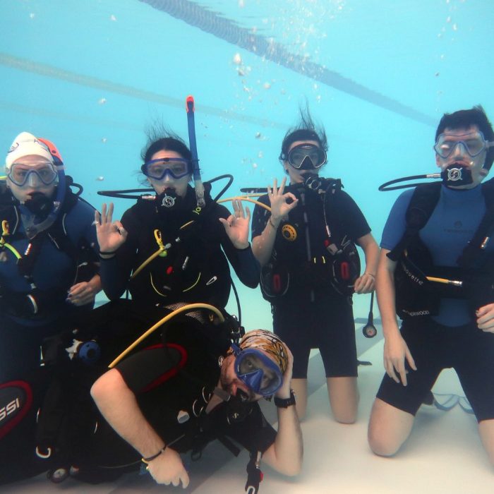 Grup de cursanti echipati complet pentru scufundare, alaturi de instructor, in timpul unei sesiuni subacvatice la cursul Try Scuba.