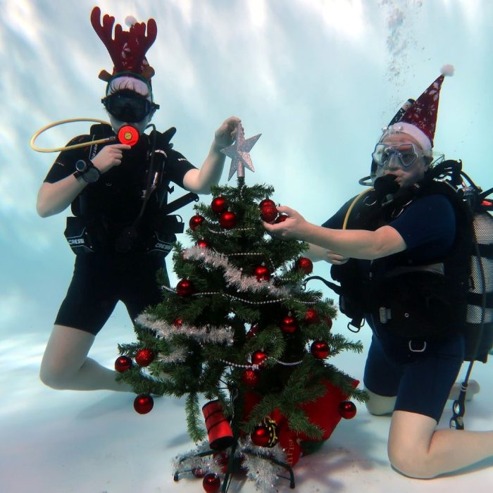 Doi scafandri in costume festive decoreaza un brad de Craciun sub apa in cadrul unui eveniment organizat de Deep Zone Diving.